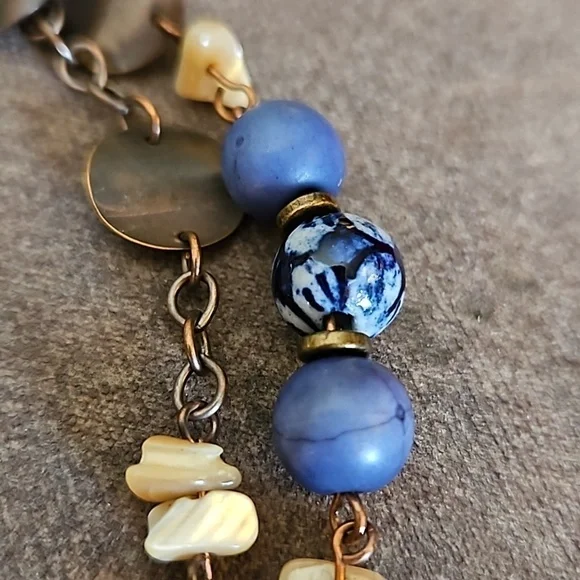 VTG Coldwater Creek Ceramic Shell Bronze Disc Beaded Chain Long Necklace - Picture 7 of 9